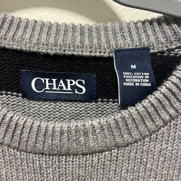 Chaps Sweater Men's Medium 100% Cotton Gray Black Striped Long Sleeve Pullover - Picture 4 of 6